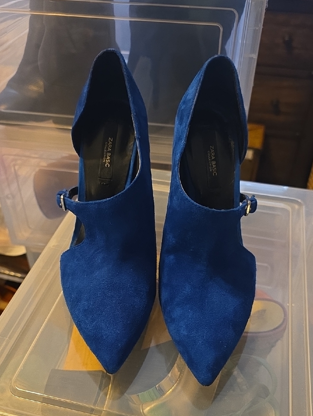 Zara Deep Blue Suede Pointed Mary Jane Heels